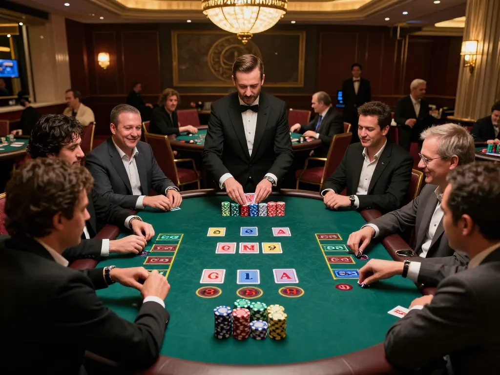 Players engage in an exciting baccarat game at f8bet casino, displaying chips and cards in vibrant ambiance
