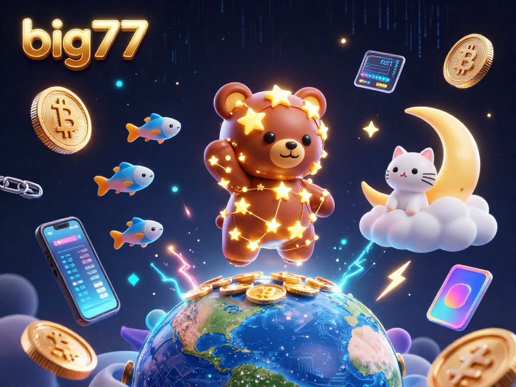 Experience big777’s vibrant 3D cosmic casino scene with golden stars, neon coins, and whimsical characters.