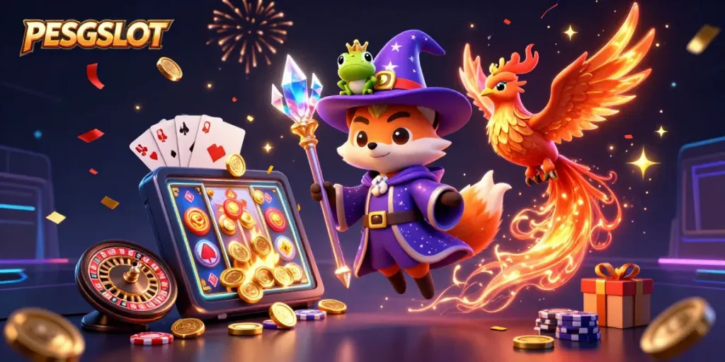Gambarkan pengalaman bermain PESGSLOT dengan penyihir, phoenix, dan koin emas yang berkilau.