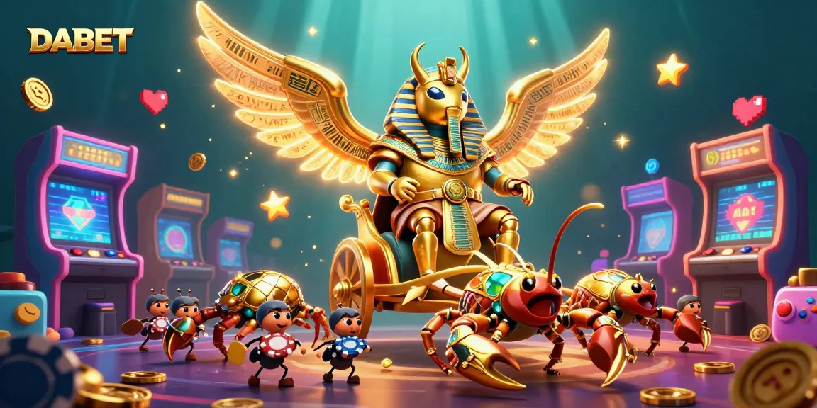 DABET showcases a stunning 3D illustration of a golden scarab beetle and scorpions amidst a vibrant casino scene, enhancing gaming excitement.