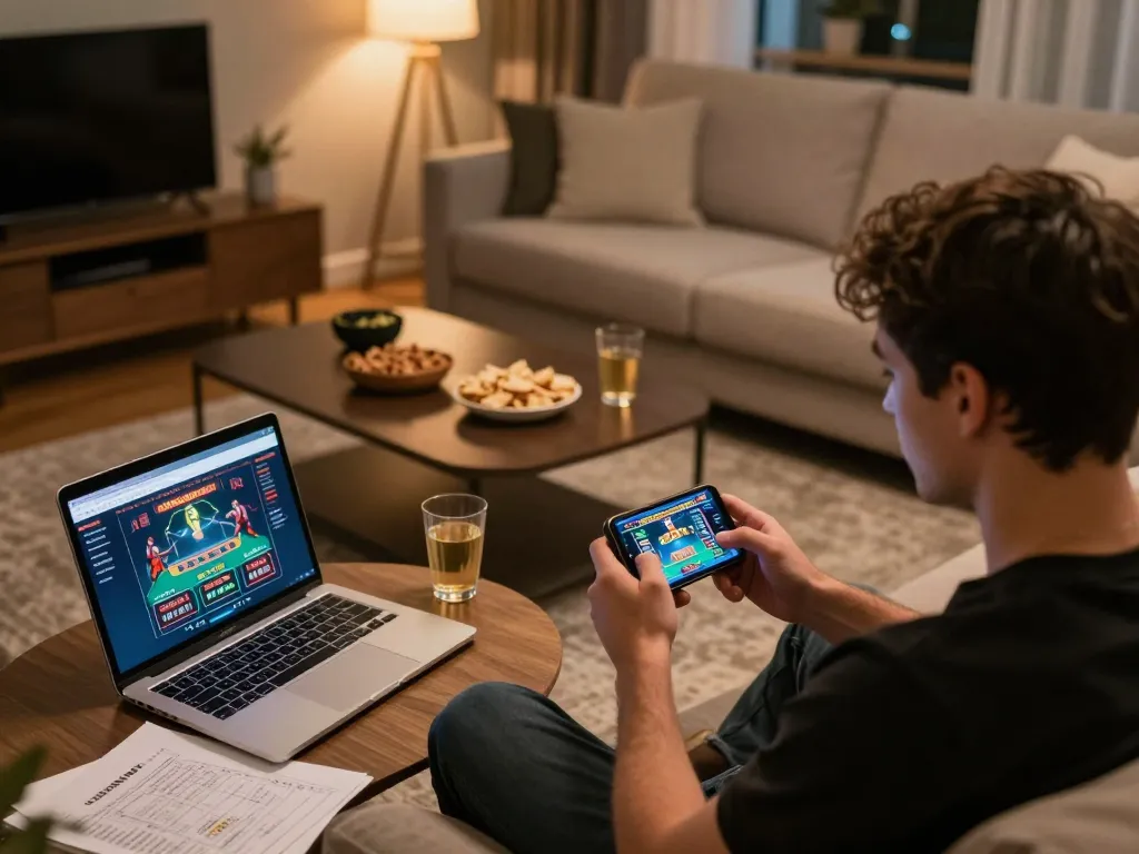 Engage with JUDIGSC live casino games on your smartphone in a modern home setting.