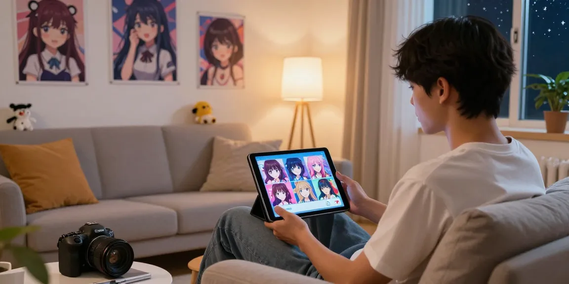 Engaged user exploring hentai ai chat on a tablet in a vibrant, cozy home setting with anime decor.