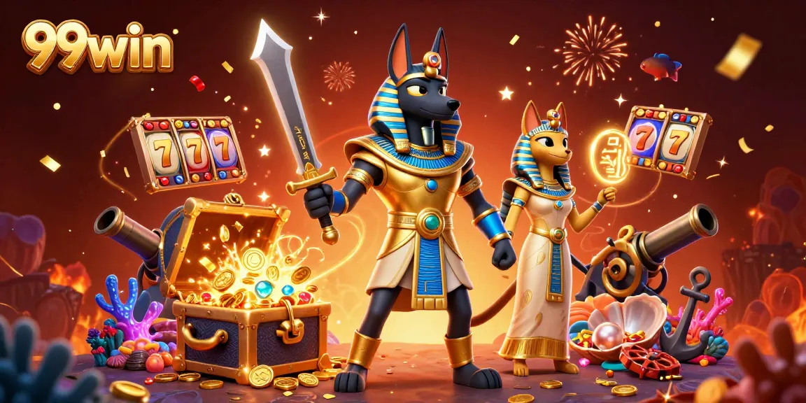 Explore the 99win casino scene featuring Anubis and Bastet surrounded by treasures and game elements.