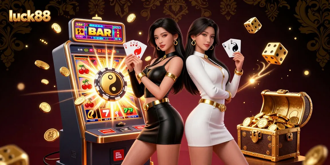 Win big with luck88 in a vibrant casino scene featuring twins with cards and jackpot excitement.