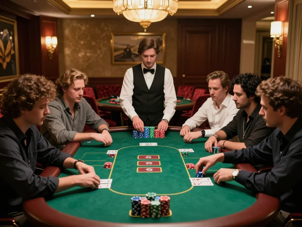 Players strategize intensely at a poker table in nhà cái 789bet's upscale casino environment.
