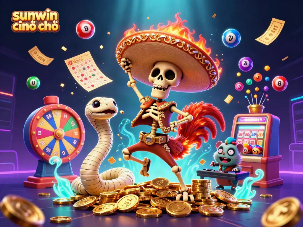 Experience winning moments at sunwin chính chủ with cartoon characters celebrating on gold coins amidst vibrant lottery elements.