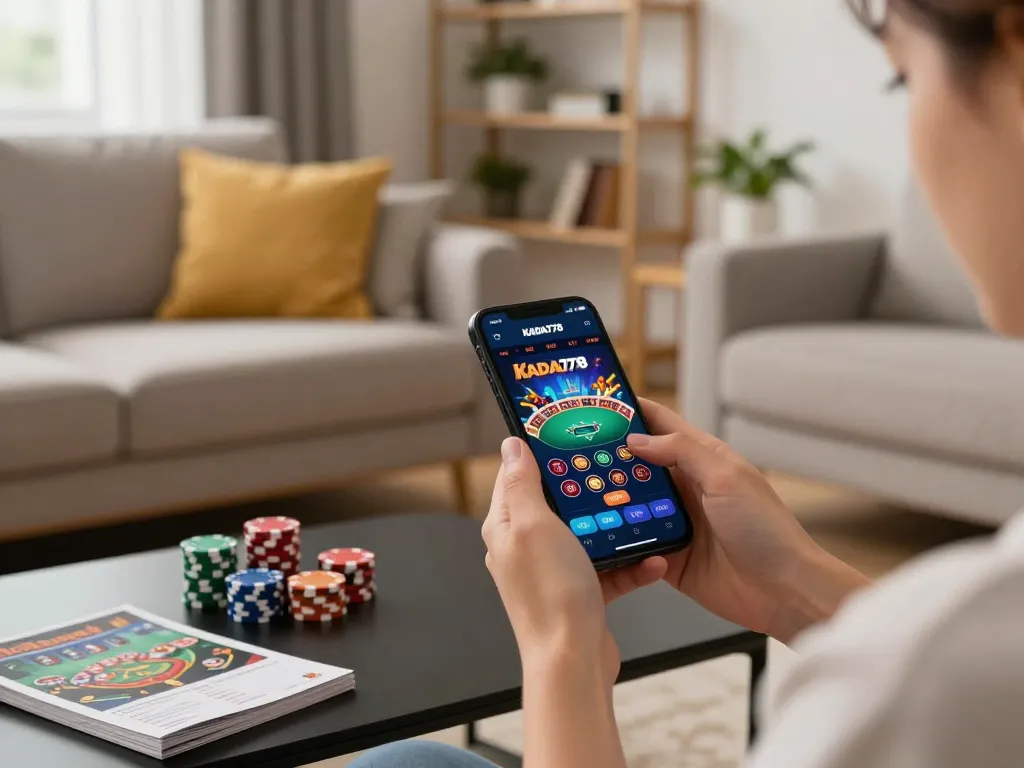 KADAL778 mobile gaming experience showcasing strategic betting on a stylish smartphone in a cozy living room.