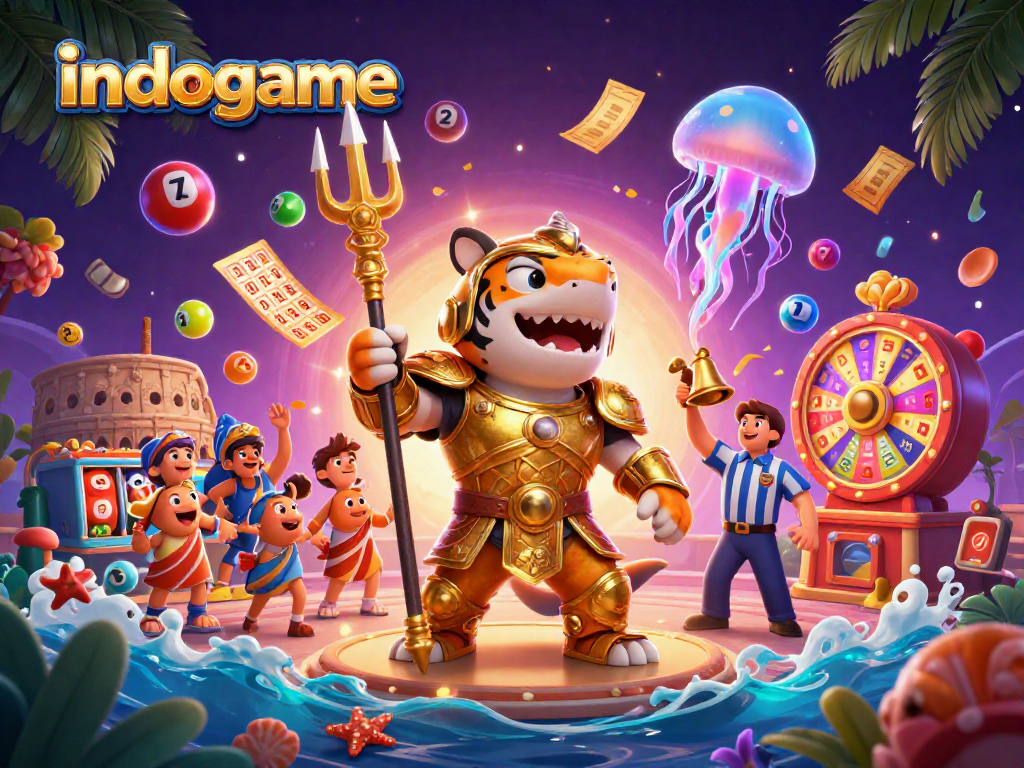 Engage with indogame's vibrant casino themes featuring a shark gladiator amidst dynamic game elements.