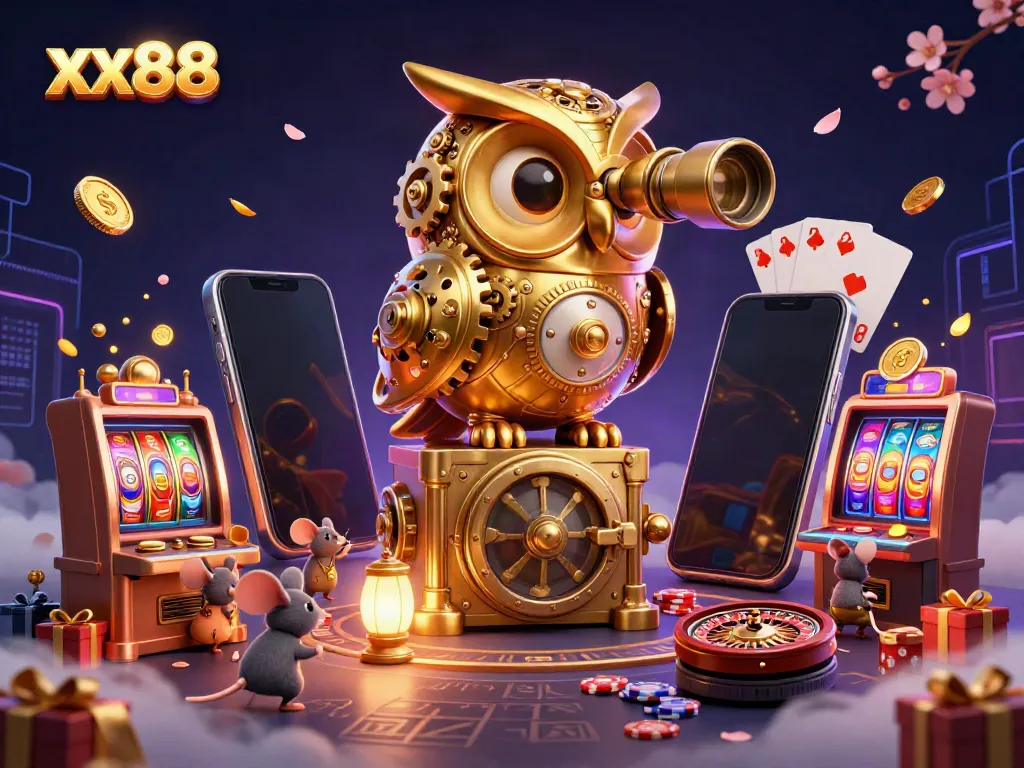 Experience the thrill of xx88's casino with a clockwork owl, unique game elements, and vibrant visuals.