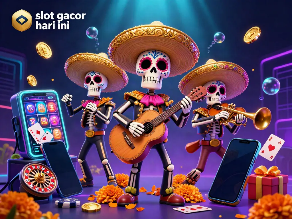 Rasakan keseruan bermain "slot gacor hari ini" dalam ilustrasi penuh warna dan kehidupan, menampilkan skeleton mariachi dan elemen permainan kasino.