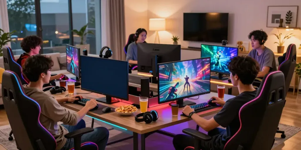 A lively gaming night with friends enjoying akunjp action, showcasing vibrant screens and snacks.