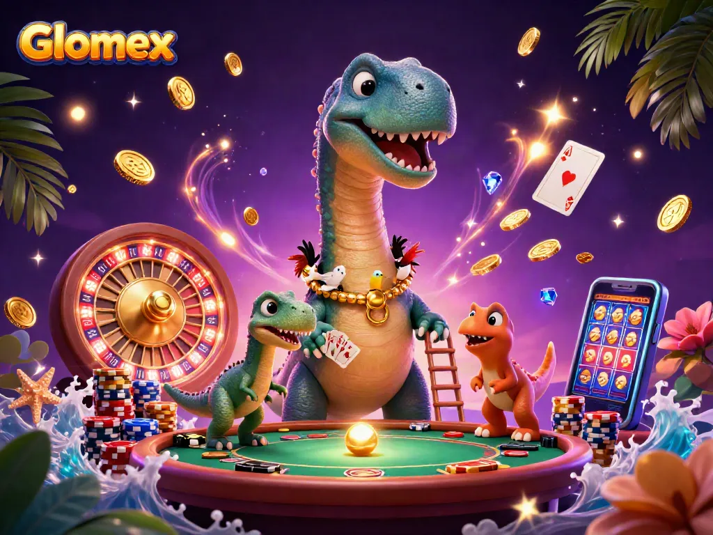 Glomex engages players in a vibrant casino scene with dynamic card dealing and action.