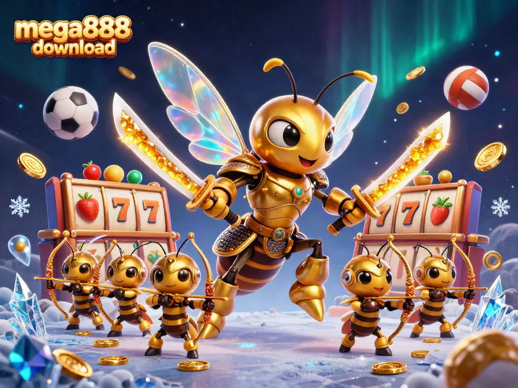 Experience the thrill of mega888 download with a vibrant 3D illustration showcasing exciting casino elements.