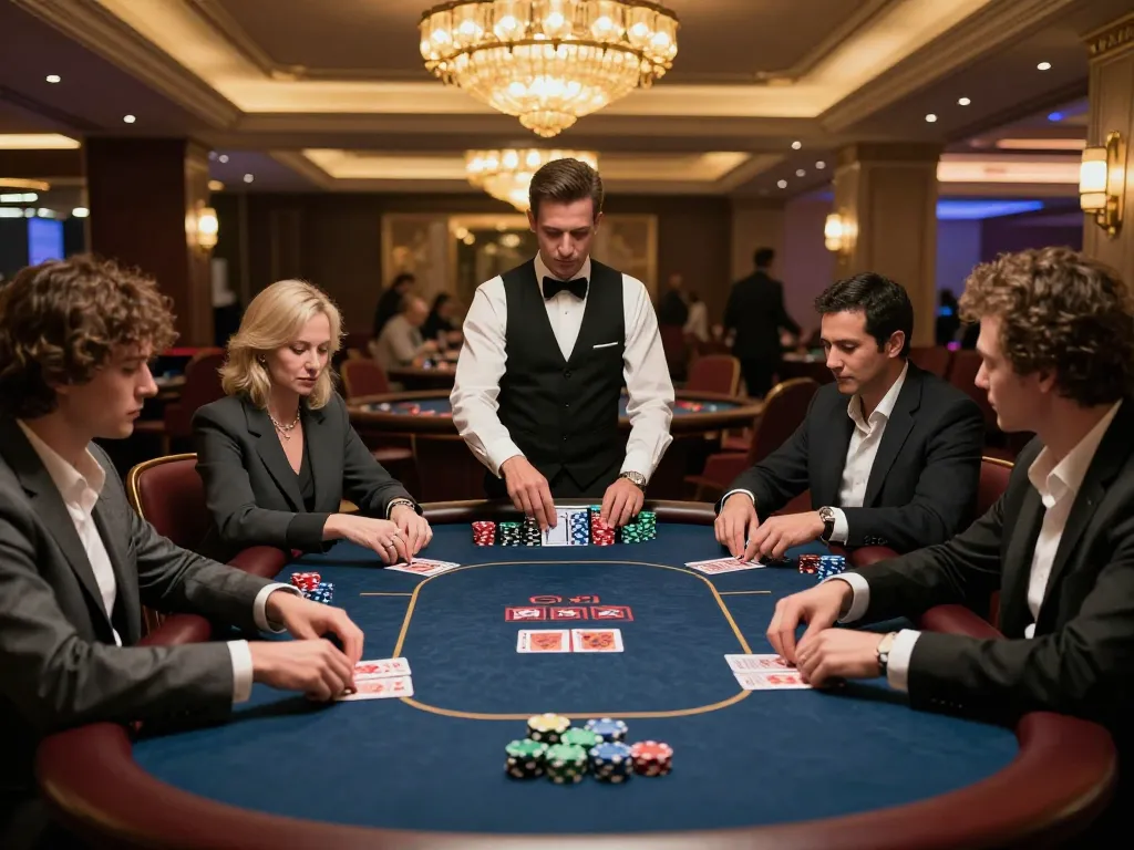 Players engaging in a high-stakes game at SC88's luxurious poker table in a vibrant casino setting.