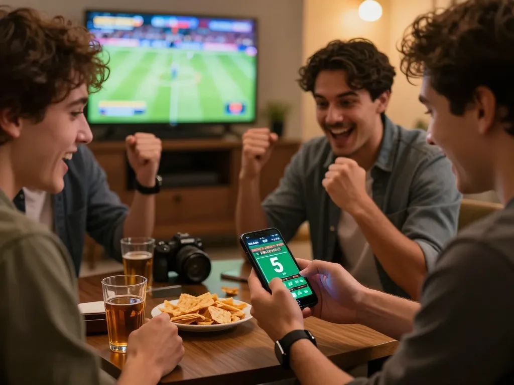 Tỷ lệ kèo nhà cái 5 sports betting excitement among friends using a smartphone app.