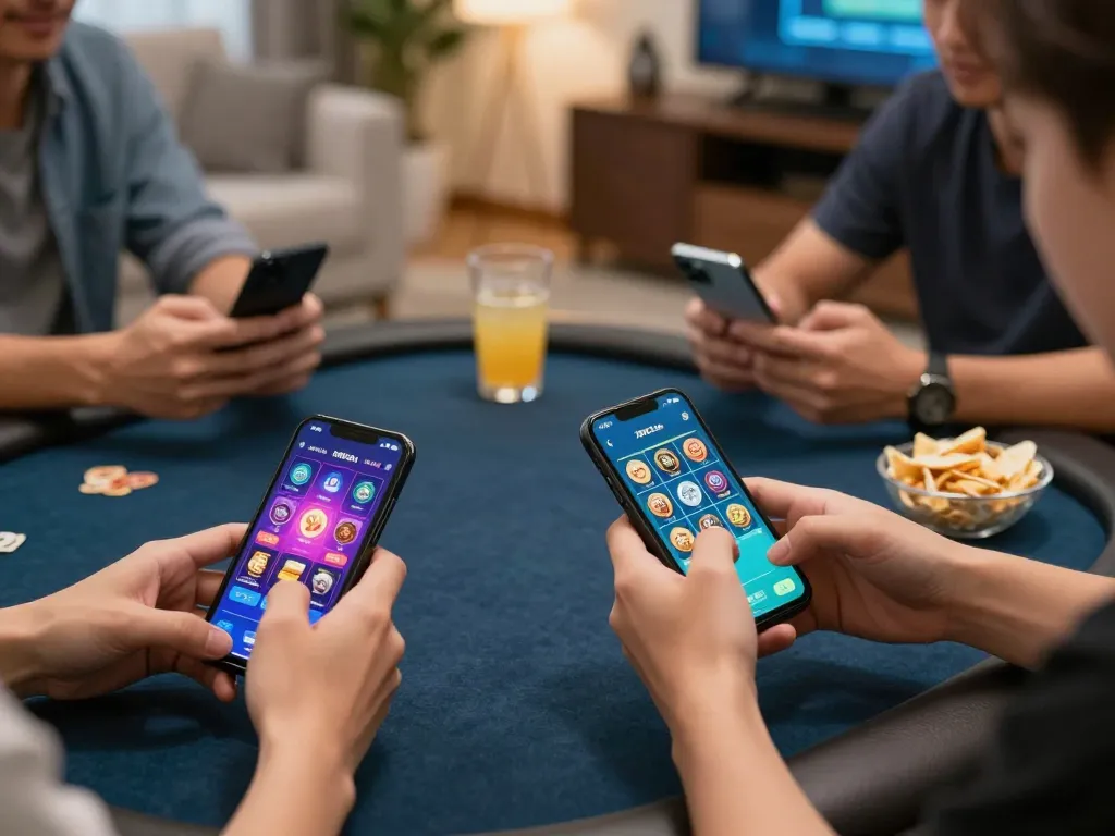 Players enjoying the 789club app on smartphones in a cozy home setting, showcasing an online gambling experience.
