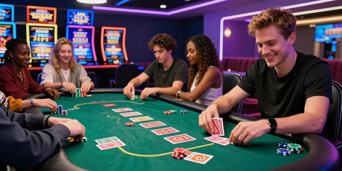 Exciting gaming atmosphere highlighting new online casinos with players at a vibrant table, colorful chips, and digital displays.
