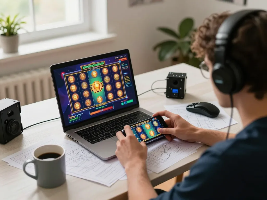 Pemain menikmati slot online aman788 di rumah, fokus pada permainan strategis dengan catatan dan gadget