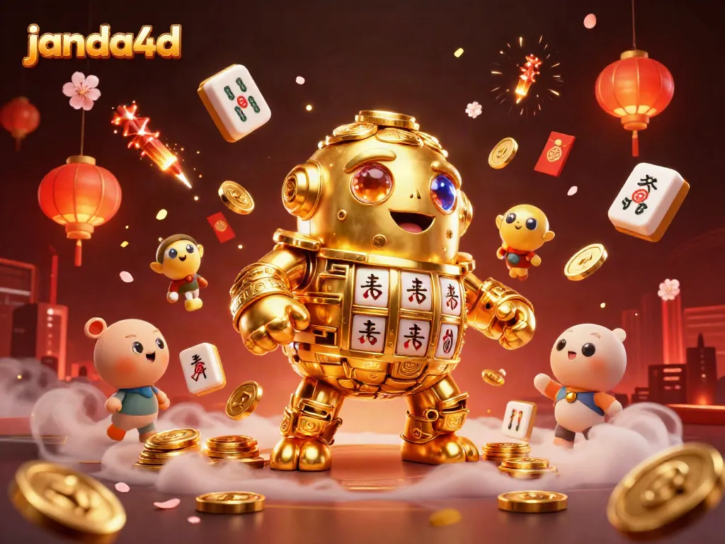 Menggoda penggemar janda4d dengan golem emas, simbol slot, dan dekorasi perjudian yang ajaib.