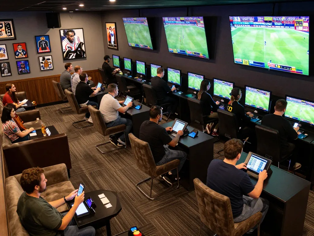 Engaging sports betting scene showcasing users placing bets on kèo nhà cái in a vibrant lounge
