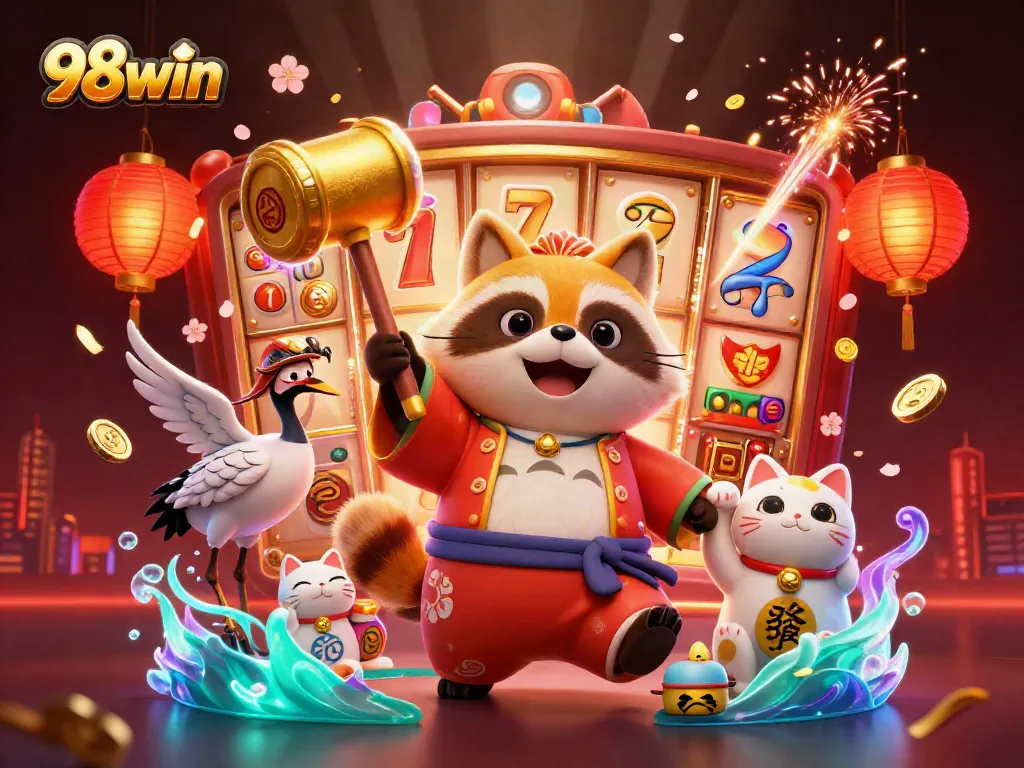 Engage with vibrant 98win casino action, featuring lively characters and slot reels in a festive setting.