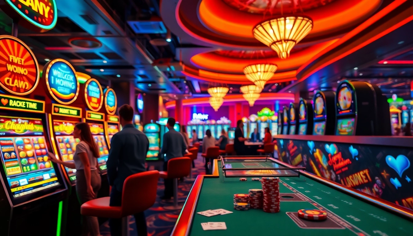 Casino spielen in einer lebhaften Umgebung mit Spieltischen und glücklichen Spielern.