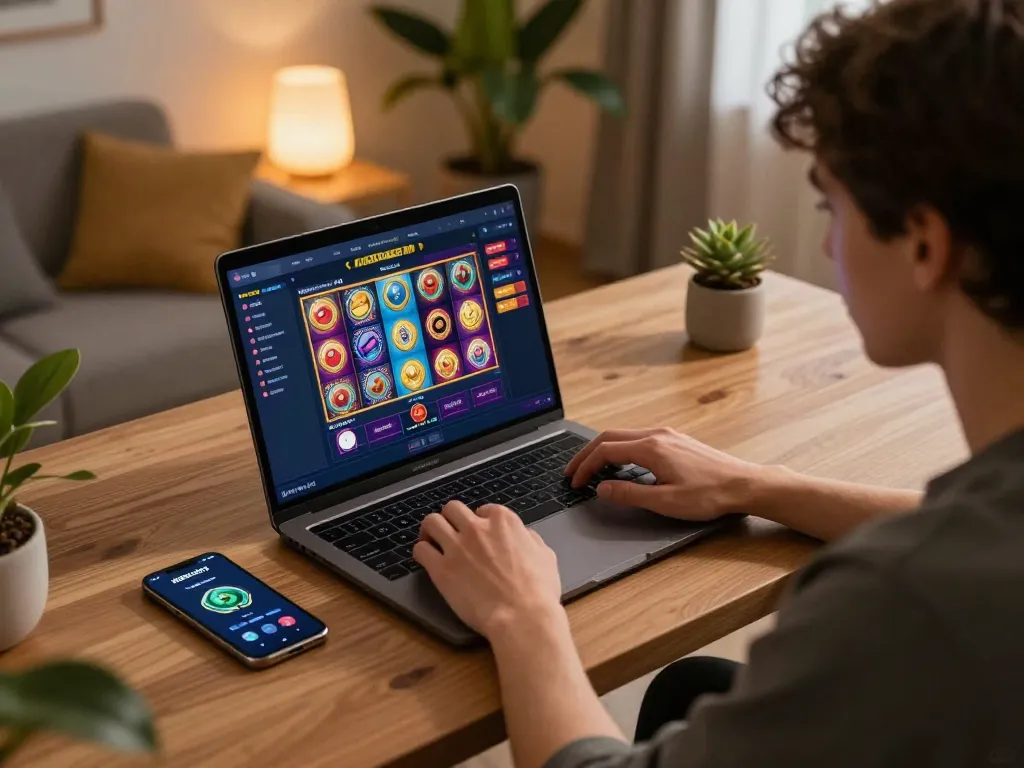 Engaging user playing kdslot online on a sleek laptop in a cozy home office setting.