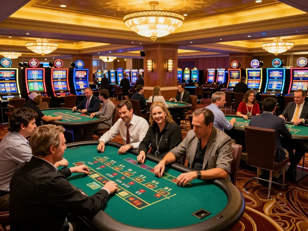 GO8 players strategizing bets at green felt tables amidst the vibrant casino atmosphere