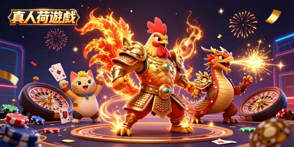 Engage in 真人荷官遊戲 with a dynamic scene featuring a rooster warrior, dragon hatchling, and a fortune cat mascot, amidst spinning roulette wheels and vibrant casino elements.