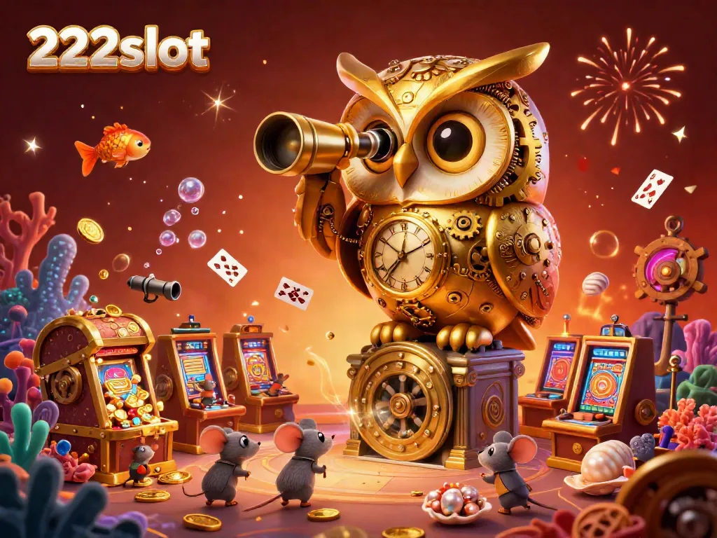 Patroli kasino oleh burung hantu emas bergear dengan karakter tikus kecil di antara mesin slot 222slot.