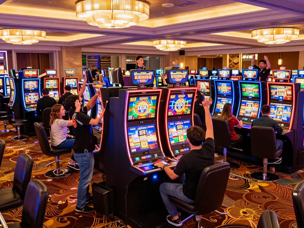 Experience thrilling slot games at 888New with vibrant colors and exciting wins in a busy casino.