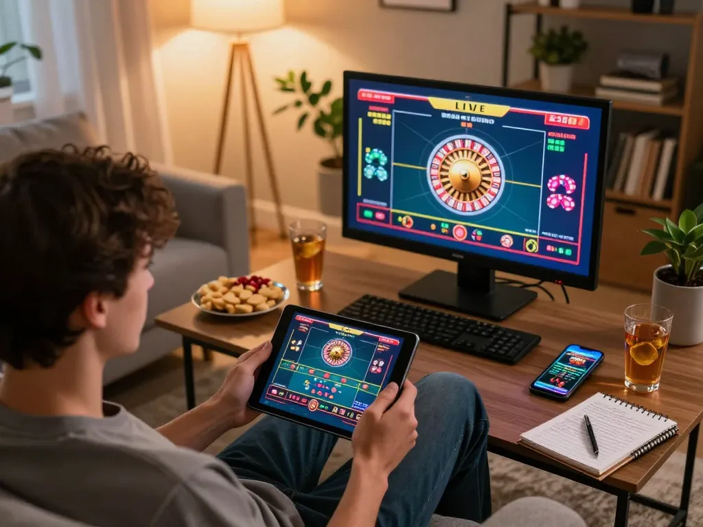 Player engaging in live roulette game on hi88 platform using a tablet in a cozy home setting.