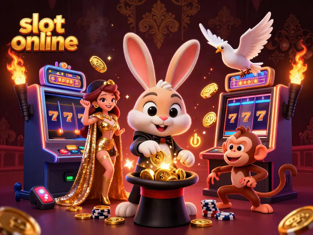 Slot online menggambarkan kelinci penyihir yang menarik koin, burung merpati glamor, dan monyet nakal di mesin slot.