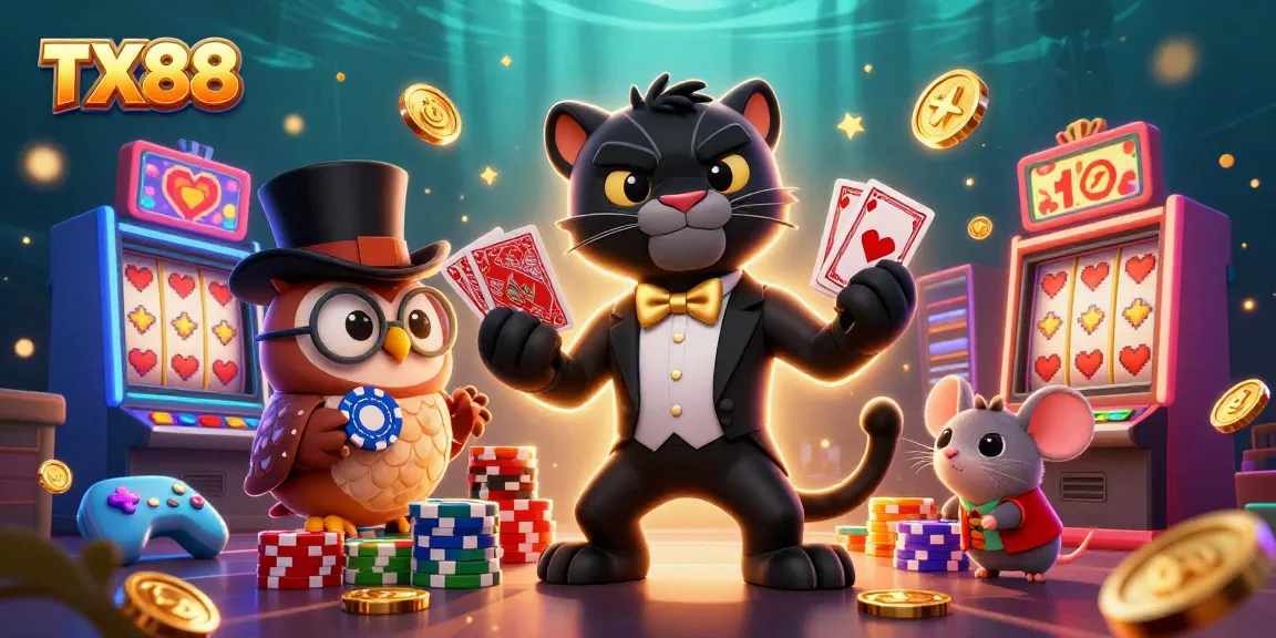 Engage in exhilarating gaming at TX88 with a tuxedo-clad panther and poker-playing owl in a vibrant casino scene.