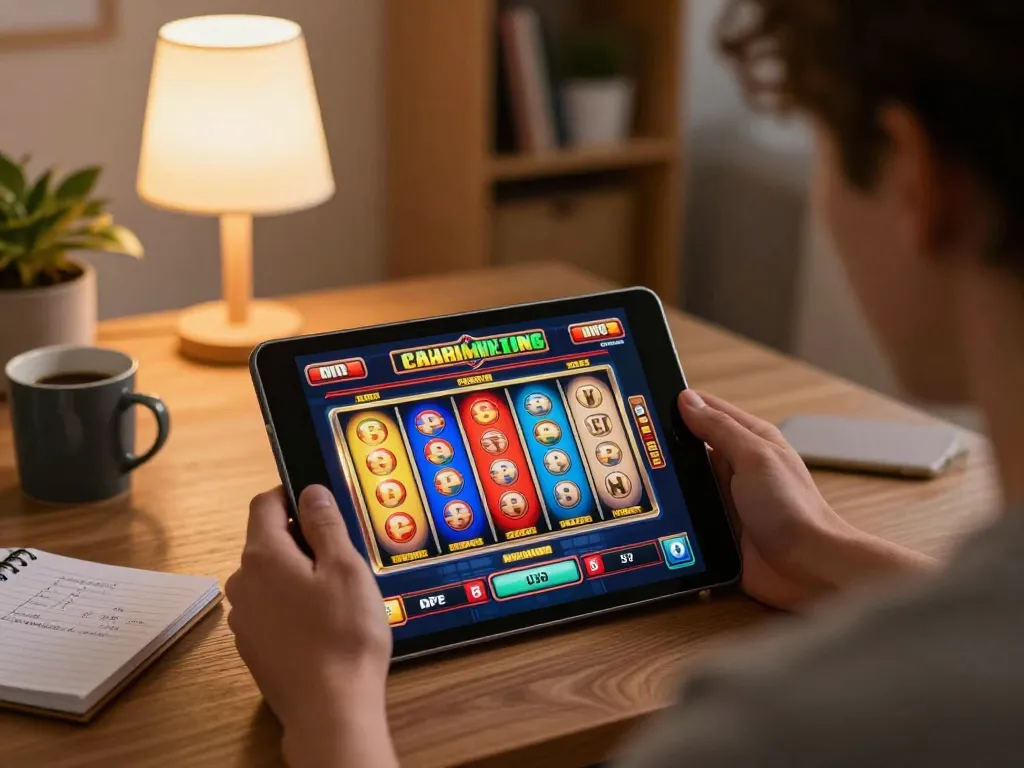 Cucu777 online gambling experience with colorful slot game on tablet in cozy living room setting