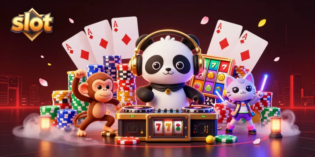Putaran slot dengan DJ panda yang keren, monyet breakdance, dan anak kucing bersinar di pesta kasino.