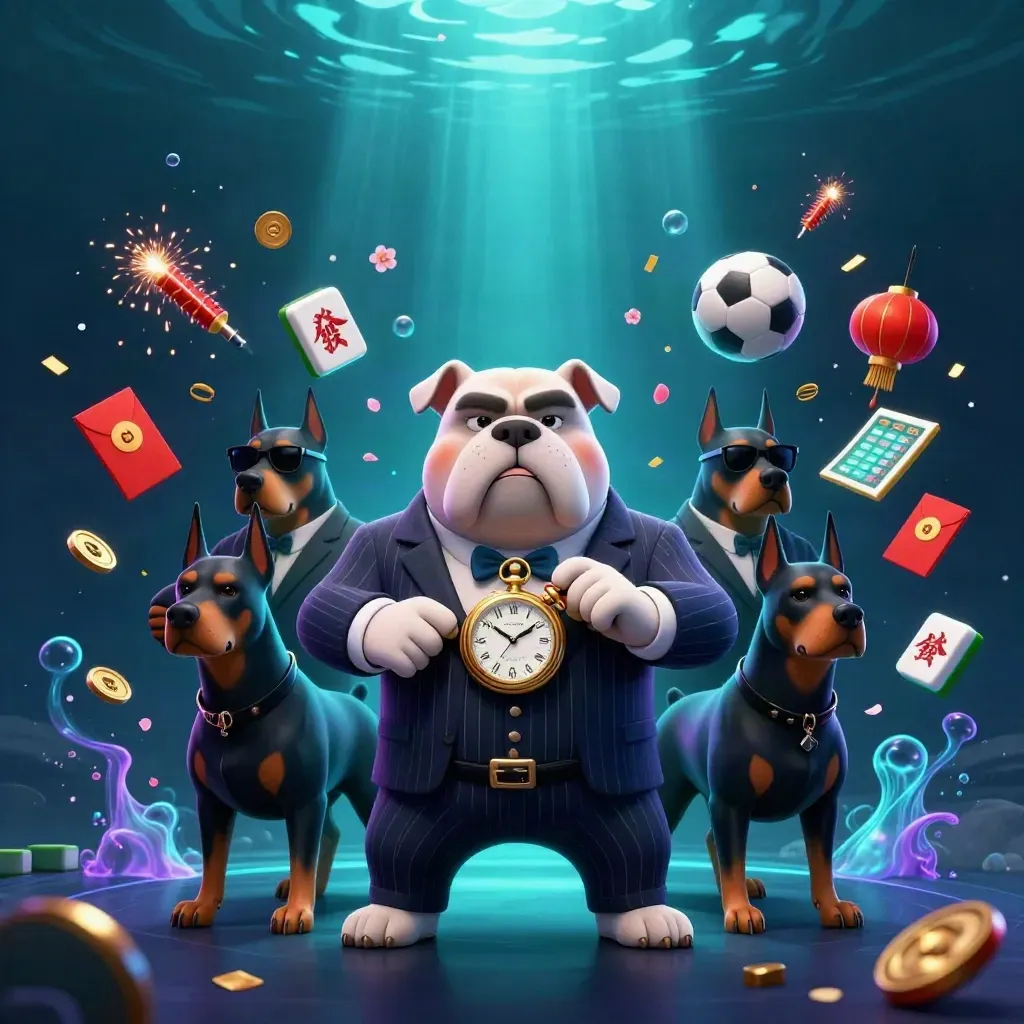 Bulldog mob boss with Doberman guards in a glowing underwater casino scene