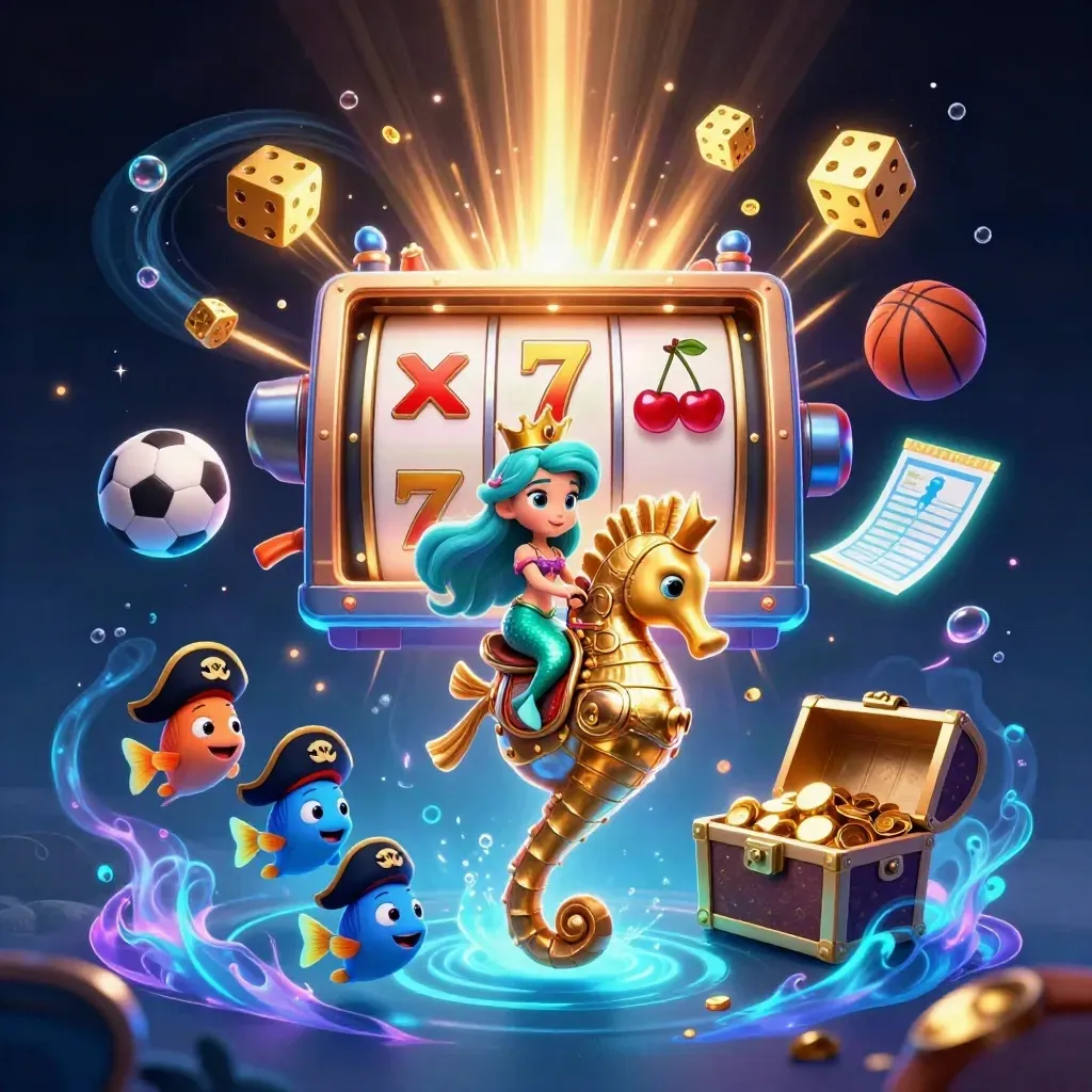 Mermaid princess on a seahorse amid casino icons, gold bursts, bubbles, and neon underwater glow.