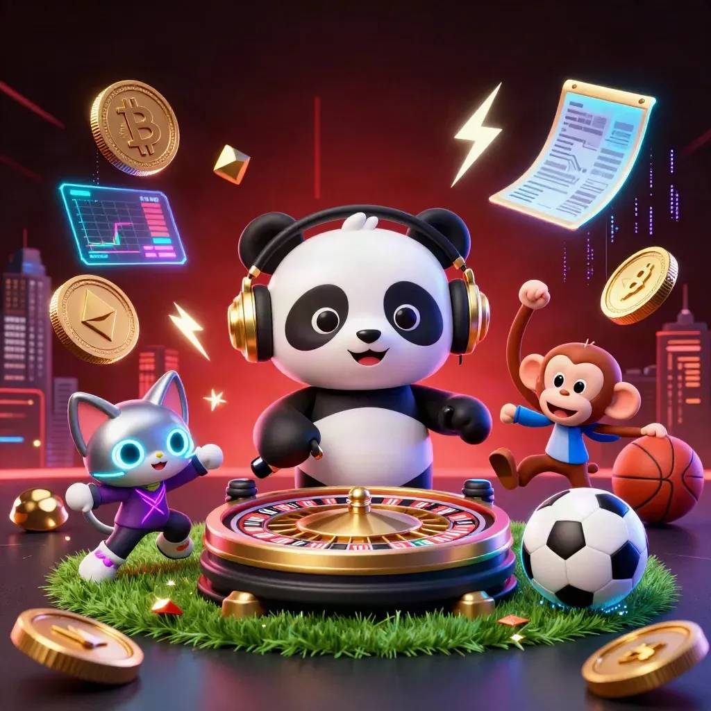 Panda DJ, breakdancing monkey, and glow kitten amid flying casino-sports energy and crypto coins.
