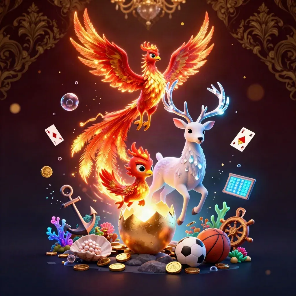 Fire phoenix, baby phoenix, and crystalline stag amid treasure, coral, coins, and casino glow.