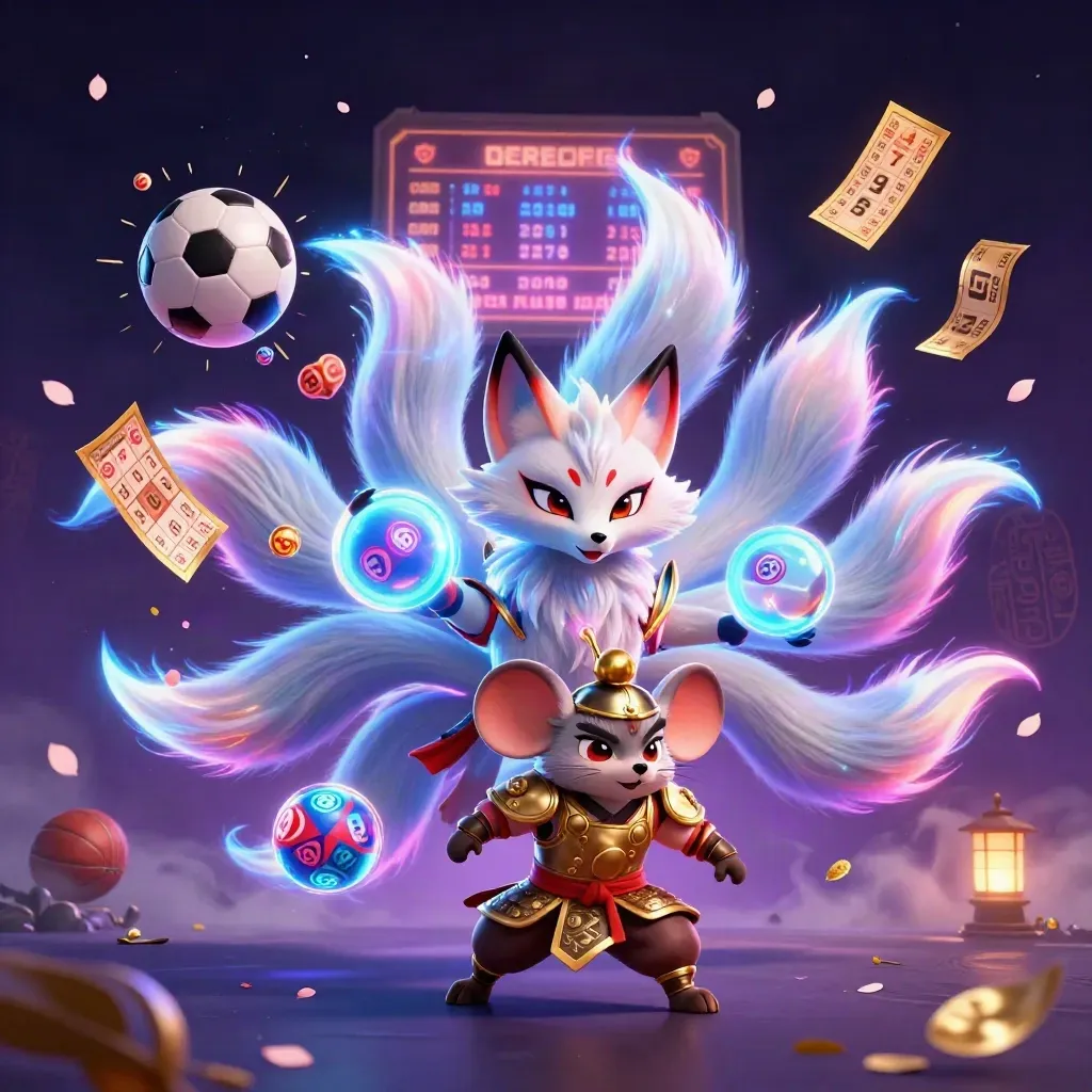 Nine-tailed fox spirit and samurai mouse amid neon casino game objects and magic
