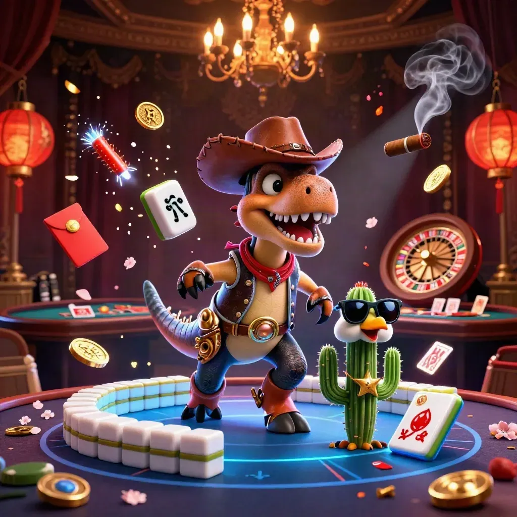 Cowboy T-Rex trio in a neon casino scene with lanterns, coins, and luxury brass