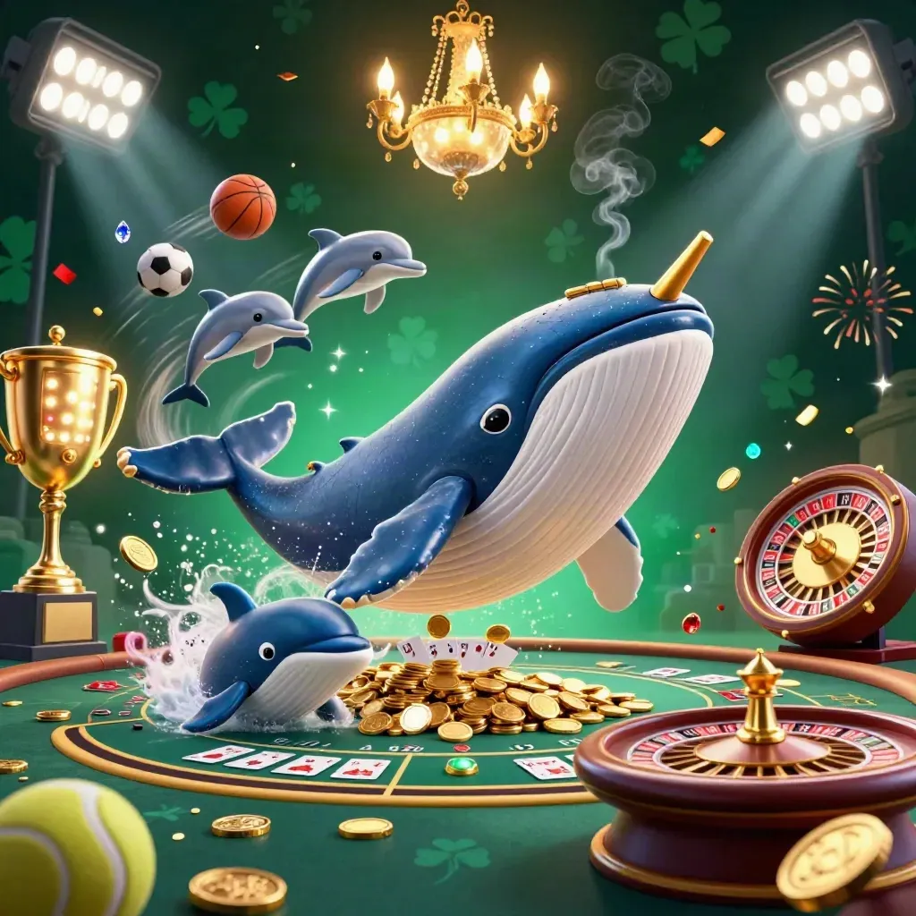 Captain whale, narwhal, and dolphins in a luxe casino scene with coins, lights, and fireworks.