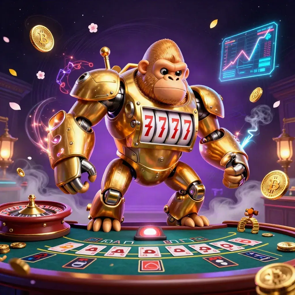 Golden gorilla slot-mech with monkey pilot in a neon casino room, coins and crypto symbols swirling