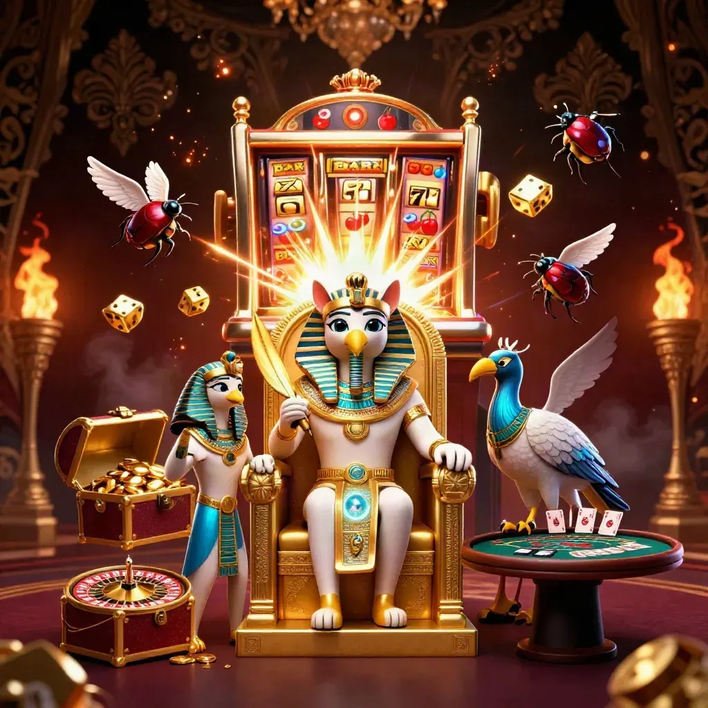 Pharaoh cat, ibis scribe, and gem-wing scarabs in a luxe casino burst.