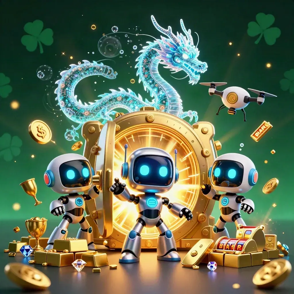 Cyberpunk robot, holographic dragon, and drone burst a treasure vault with gold and gems.