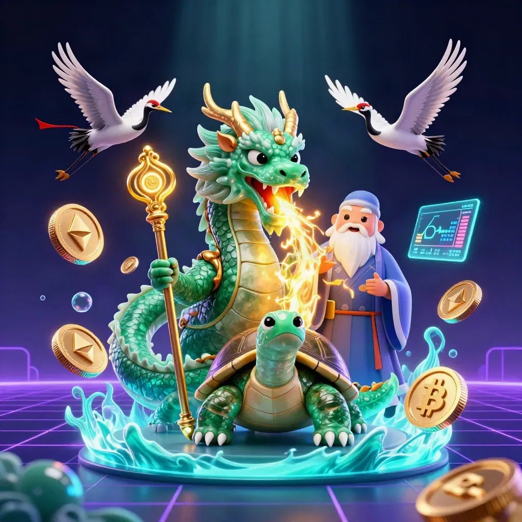 Jade dragon, turtle sage, and cranes amid glowing coins and neon blue energy