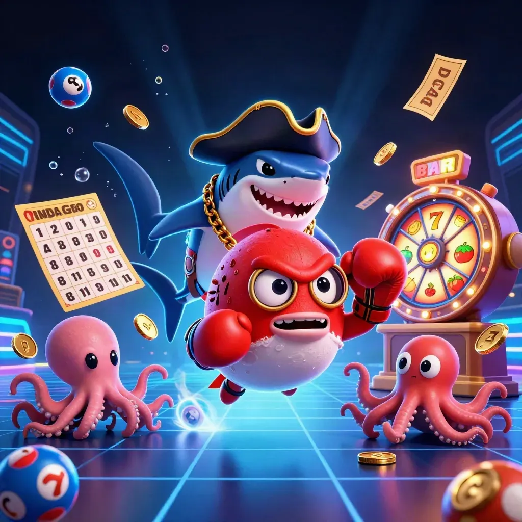 Shark pirate, red pufferfish, and octopus hurl coins amid casino bursts