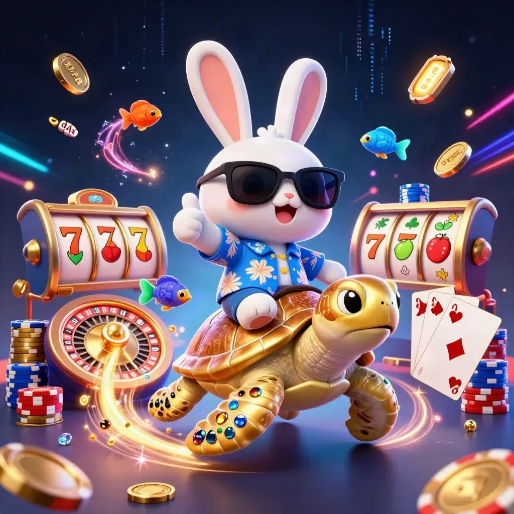 Rabbit rides jeweled sea turtle amid coins, cards, chips, roulette, and electric blue casino energy