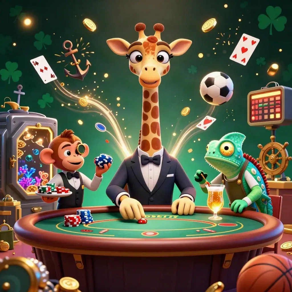 Giraffe, monkey valet, and chameleon bartender amid coin showers and treasure bursts